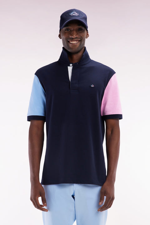 Short-sleeved rugby shirt in navy cotton jersey with back embroidery - Image 1
