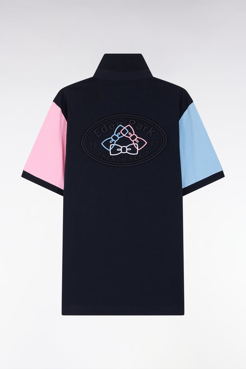 Short-sleeved rugby shirt in navy cotton jersey with back embroidery - Image 2
