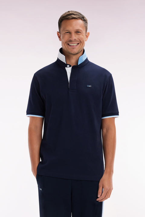 Maillot à manches courtes en coton marine col bicolore coupe décontractée - Image 1