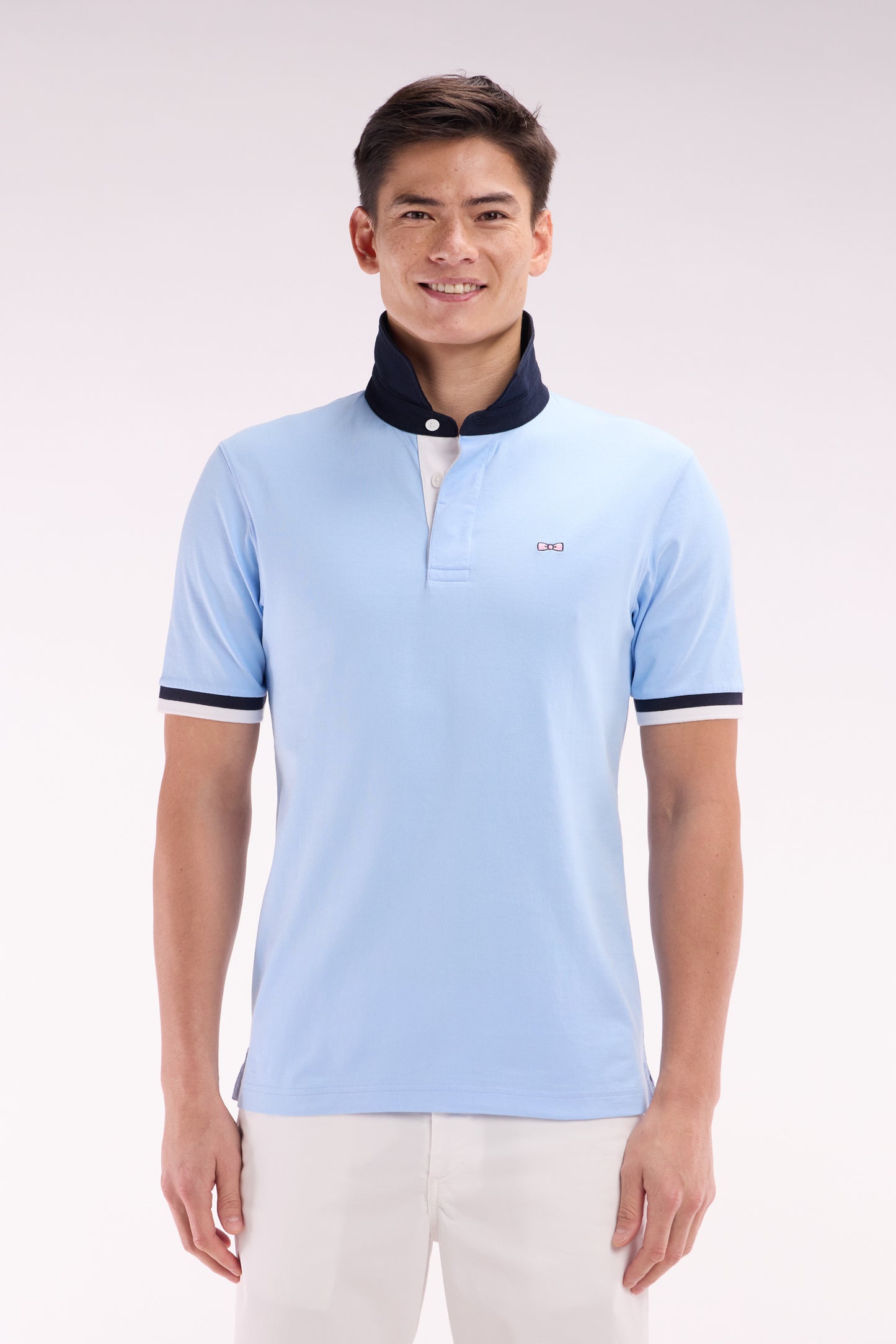 Straight-cut sky blue cotton short-sleeved rugby shirt with Eden Park back embroidery