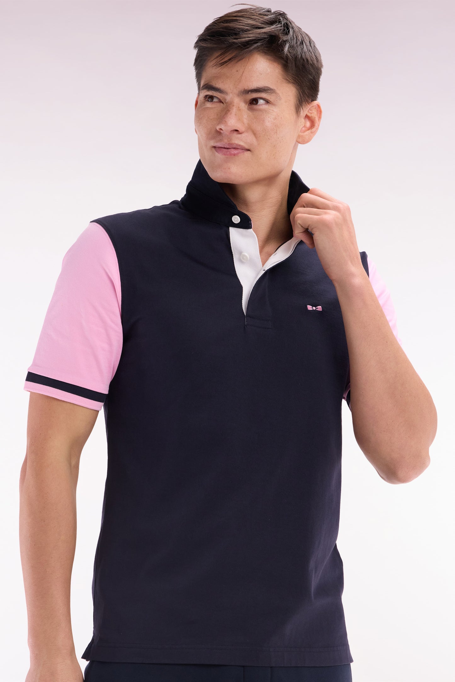 Straight-cut short-sleeved rugby shirt in navy and pink cotton with back embroidery