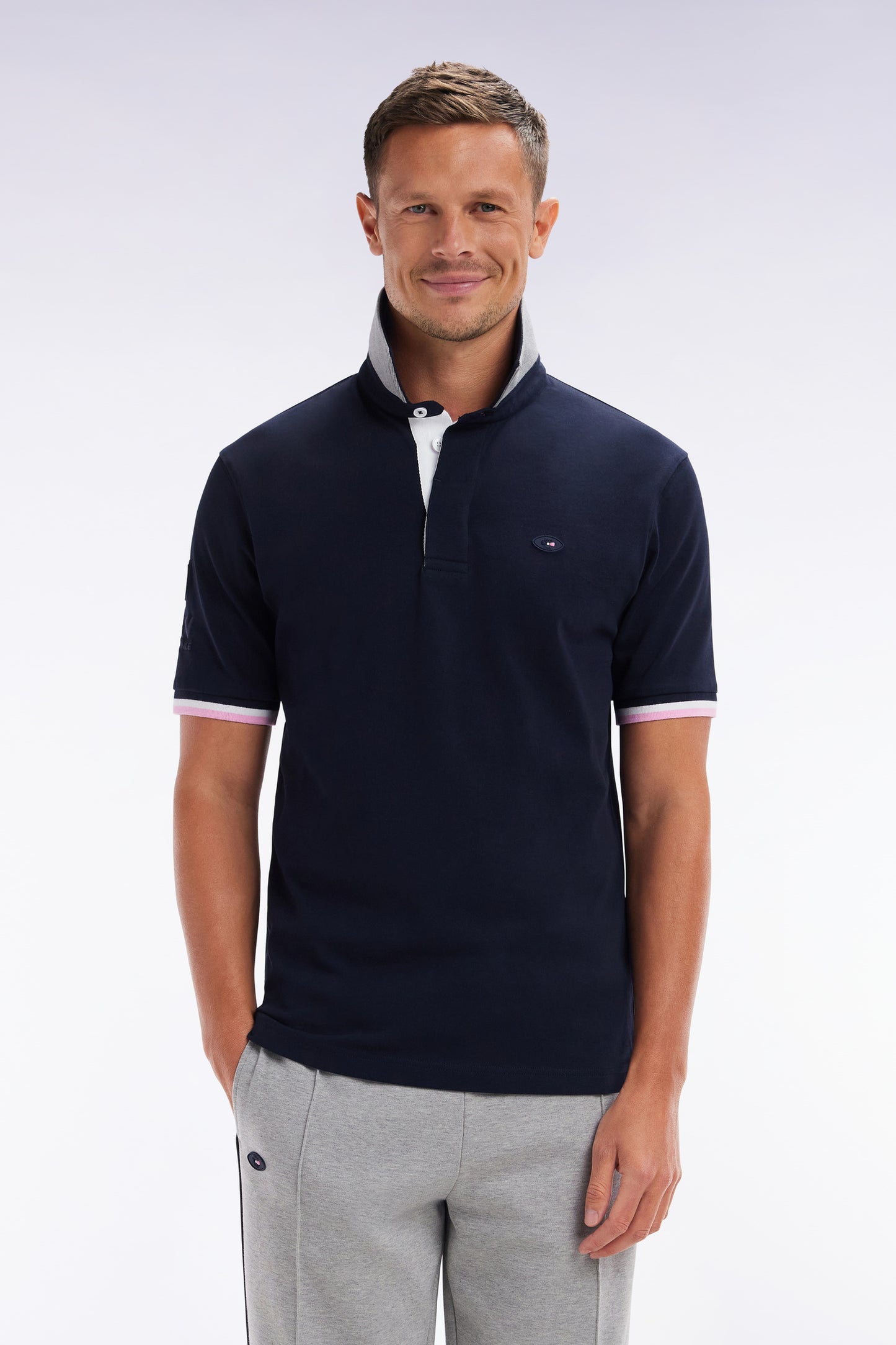 Straight-fit short-sleeved rugby shirt in navy and grey cotton with back embroidery