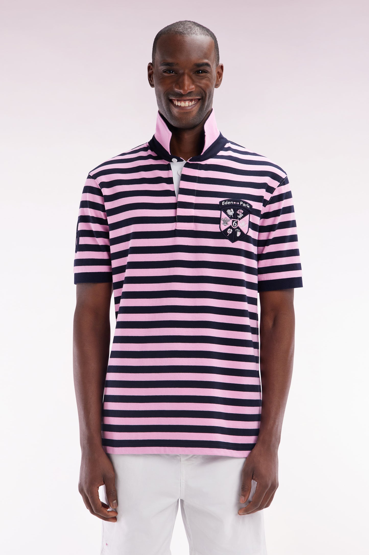 6 Nations straight-fit navy and pink striped short-sleeved rugby shirt