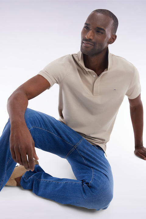 Polo à manches courtes en coton stretch beige coupe ajustée - Image 3