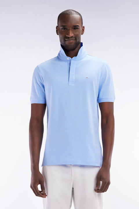 Slim-fit short-sleeved polo shirt in blue stretch cotton piqué - Image 1