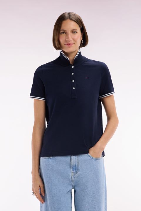 Short-sleeved polo shirt in navy Pima cotton piqué with striped accents - Image 3