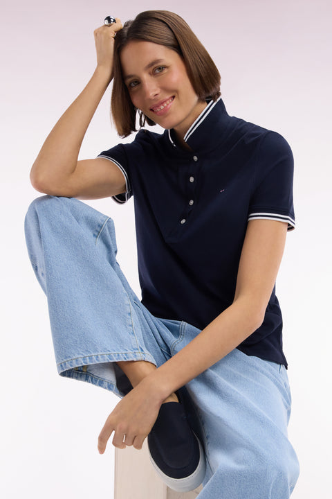Short-sleeved polo shirt in navy Pima cotton piqué with striped accents - Image 1