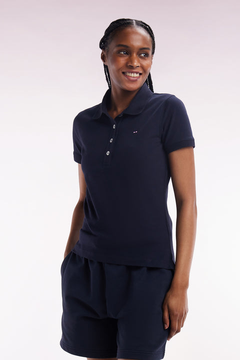 Slim-fit short-sleeved polo shirt in navy stretch cotton piqué - Image 1