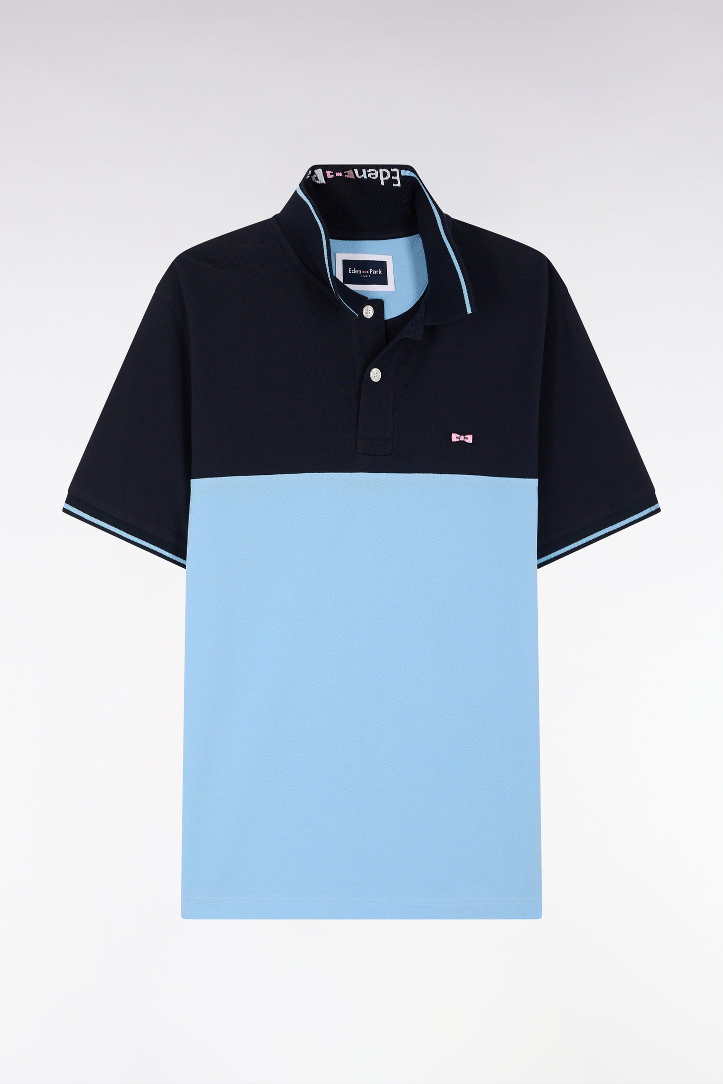 Straight-fit short-sleeved polo shirt in sky blue cotton piqué with jacquard collar