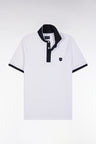 Slim-fit plain short-sleeved polo shirt in white stretch cotton with contrasting piping