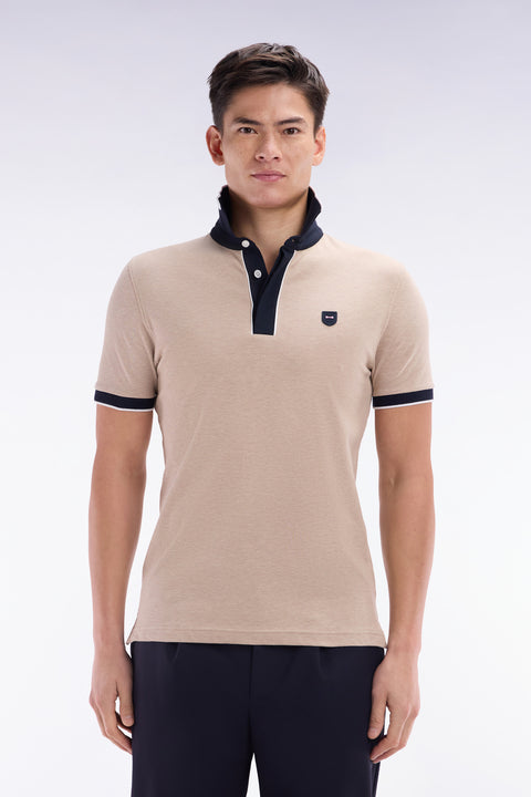 Slim-fit plain short-sleeved polo shirt in beige stretch cotton with contrasting piping - Image 1