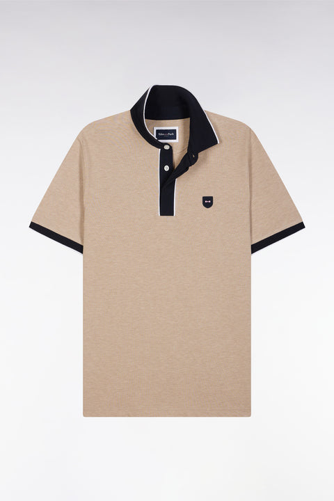 Slim-fit plain short-sleeved polo shirt in beige stretch cotton with contrasting piping - Image 2