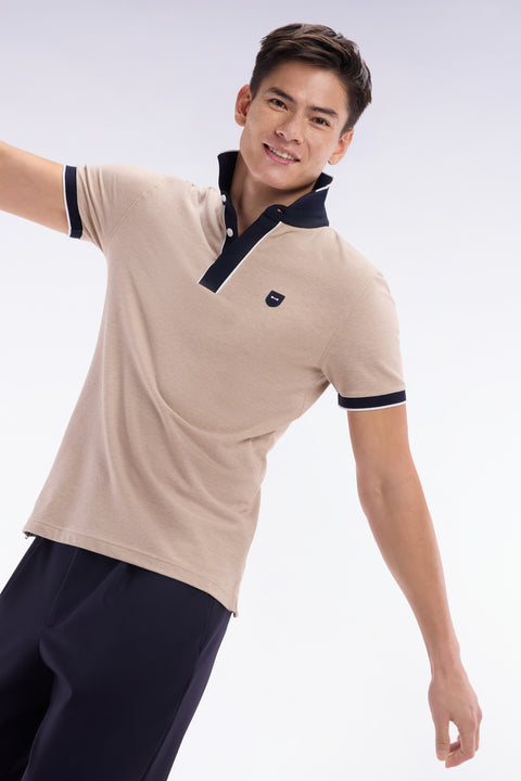Slim-fit plain short-sleeved polo shirt in beige stretch cotton with contrasting piping - Image 3