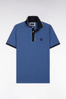 Slim-fit plain short-sleeved polo shirt in blue stretch cotton with contrasting piping