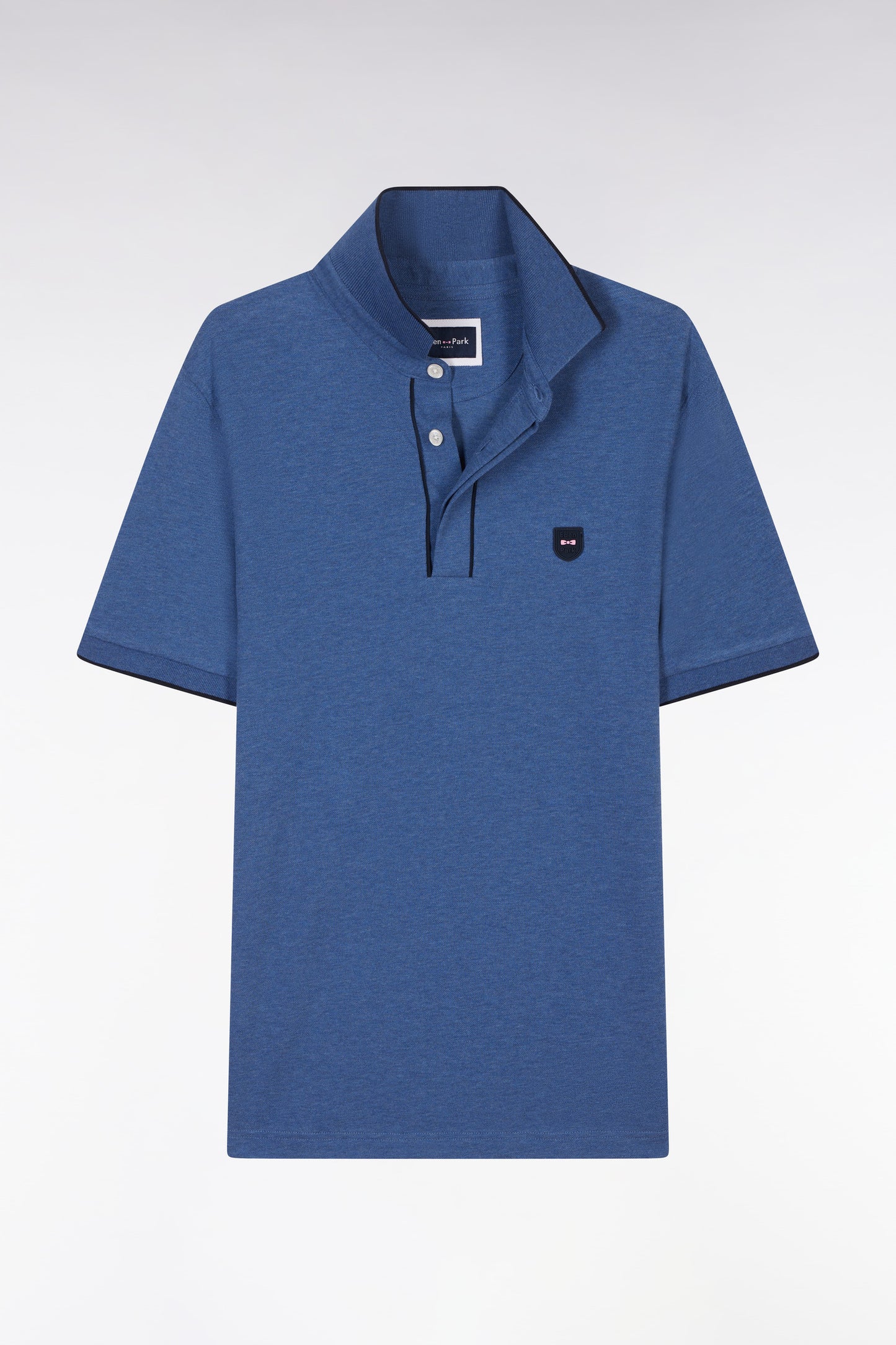 Polo à manches courtes en piqué de coton chiné stretch bleu foncé coupe ajustée