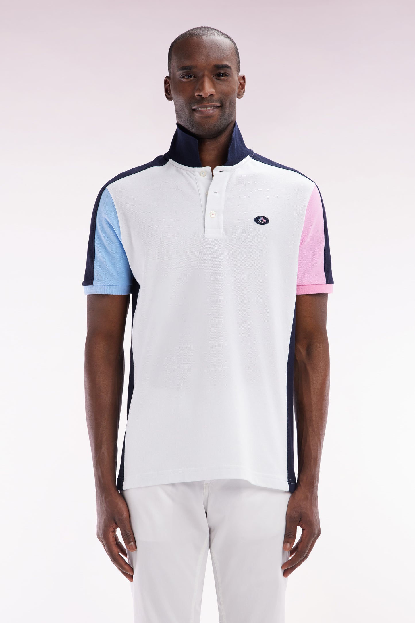 Straight-cut white colorblock short-sleeved cotton polo shirt