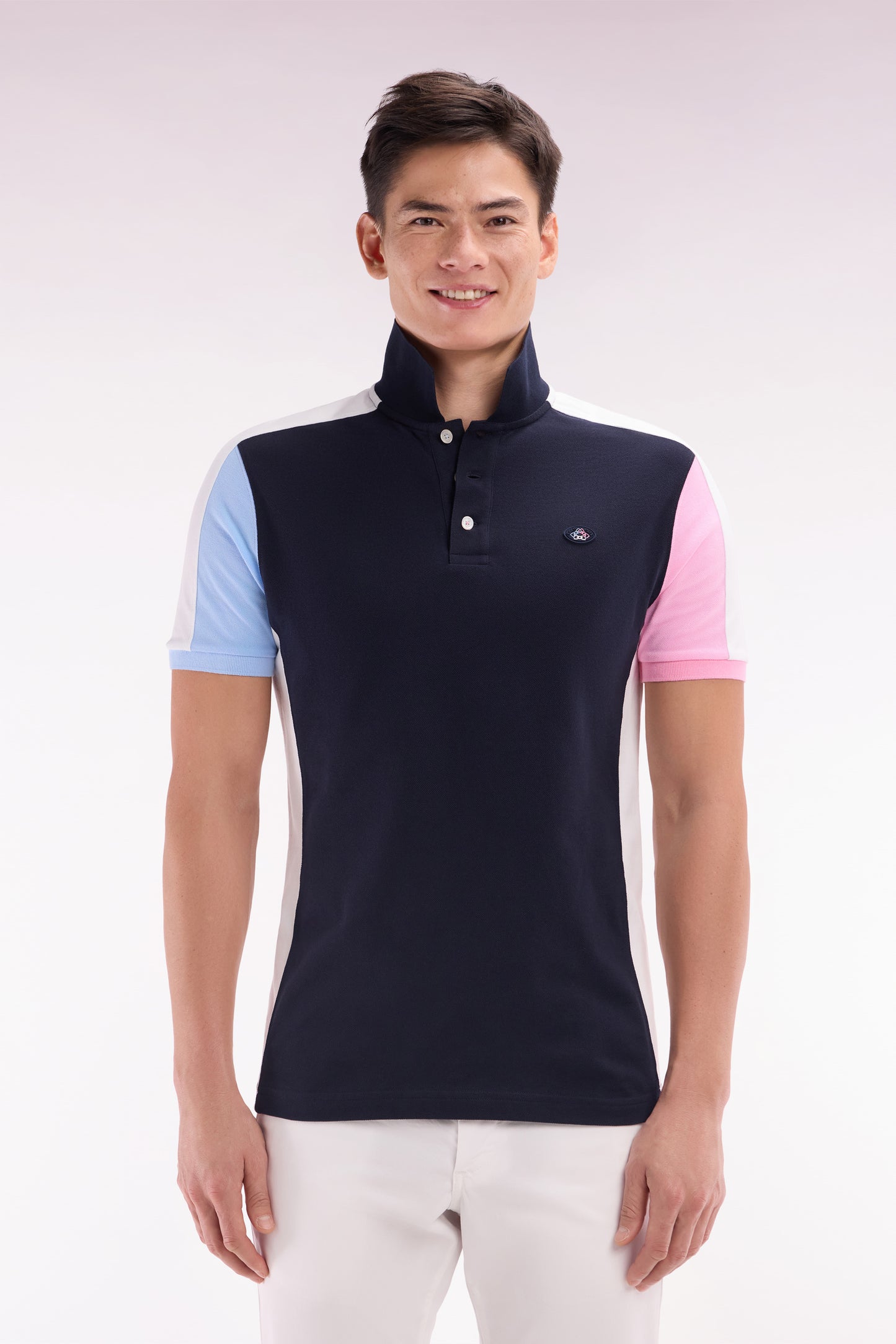 Straight-cut navy blue colorblock short-sleeved cotton polo shirt