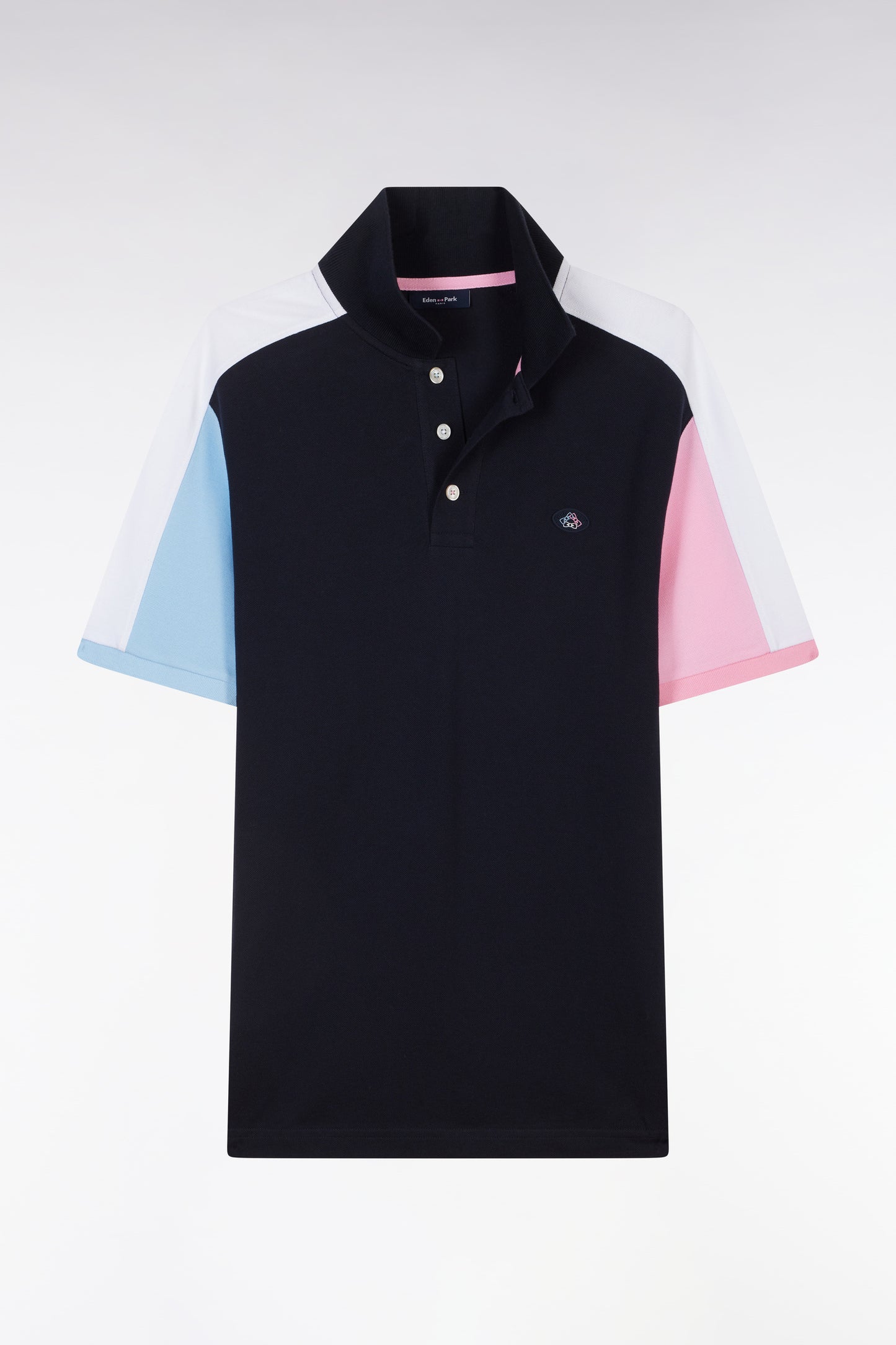 Straight-cut navy blue colorblock short-sleeved cotton polo shirt