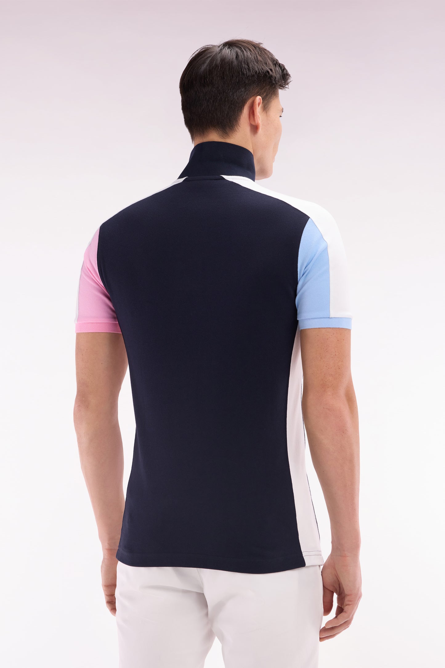 Straight-cut navy blue colorblock short-sleeved cotton polo shirt
