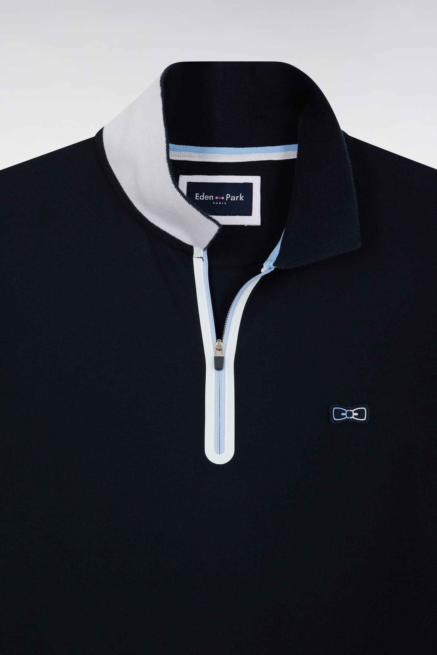 Slim-fit short-sleeved zip-up polo shirt in navy stretch cotton