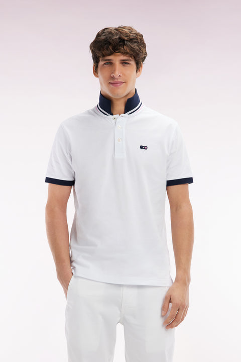 Polo à manches courtes en piqué coton blanc broderie tricolore coupe droite - Image 1