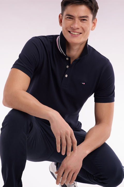 Straight-fit short-sleeved polo shirt in navy cotton piqué with tricolor embroidery - Image 3