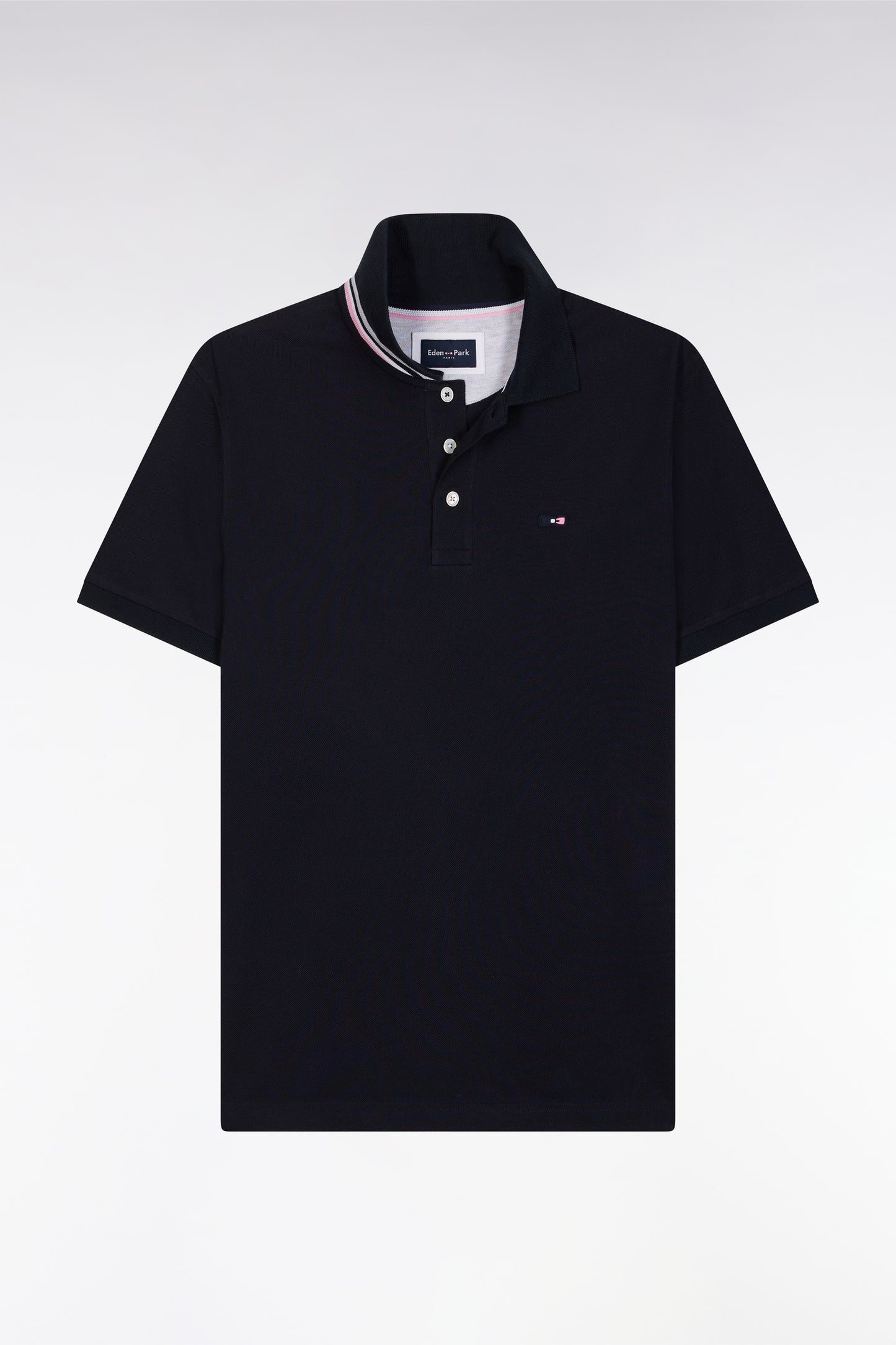 Straight-fit short-sleeved polo shirt in navy cotton piqué with tricolor embroidery