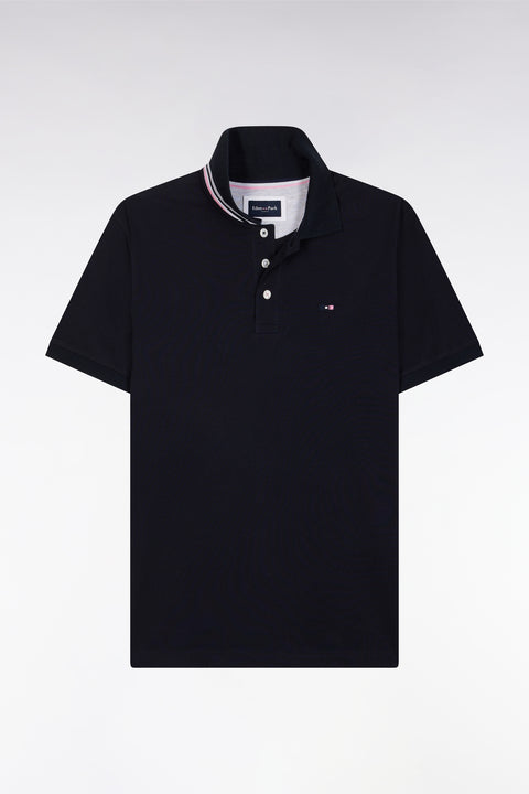 Straight-fit short-sleeved polo shirt in navy cotton piqué with tricolor embroidery - Image 2