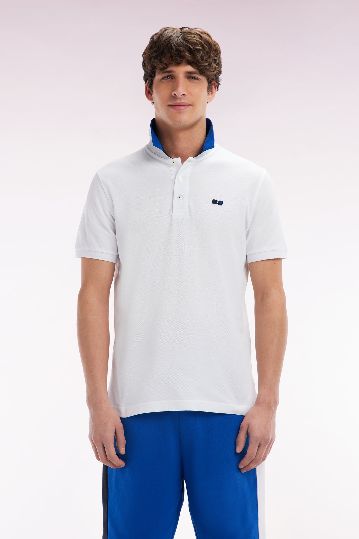 Polo à manches courtes en coton blanc col bicolore jacquard Eden Park coupe droite