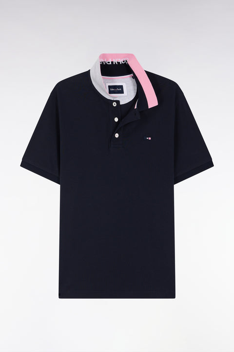 Straight-fit short-sleeved polo shirt in navy cotton with two-tone Eden Park jacquard collar - Image 2
