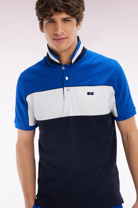 Straight-fit short-sleeved polo shirt in blue tricolor cotton with striped collar - Image 3