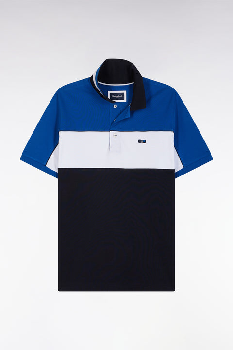 Straight-fit short-sleeved polo shirt in blue tricolor cotton with striped collar - Image 2