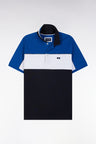Straight-fit short-sleeved polo shirt in blue tricolor cotton with striped collar