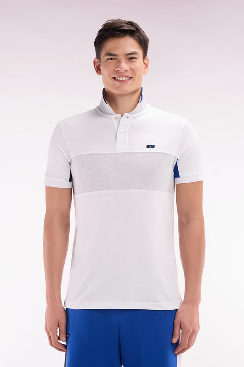 Polo à manches courtes colorblock en coton blanc détails gris et marine coupe droite - Image 1