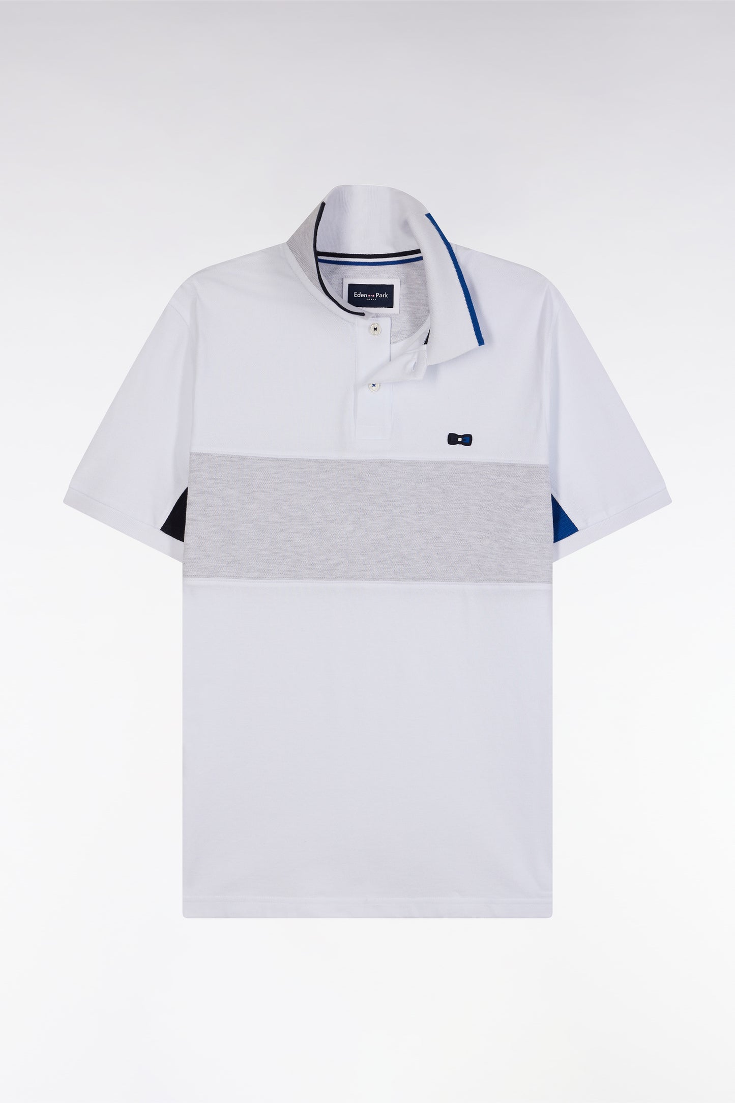 Polo à manches courtes colorblock en coton blanc détails gris et marine coupe droite