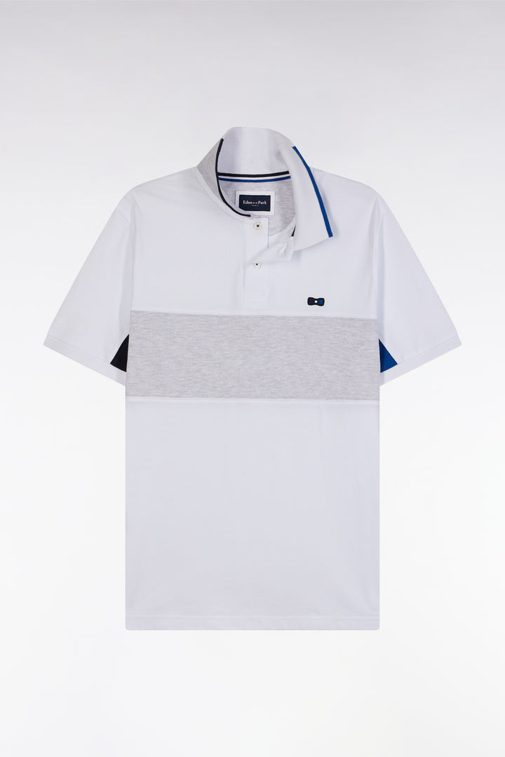 Polo à manches courtes colorblock en coton blanc détails gris et marine coupe droite