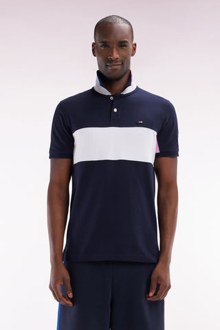 Straight-fit short-sleeved colorblock polo shirt in white cotton with grey and navy details