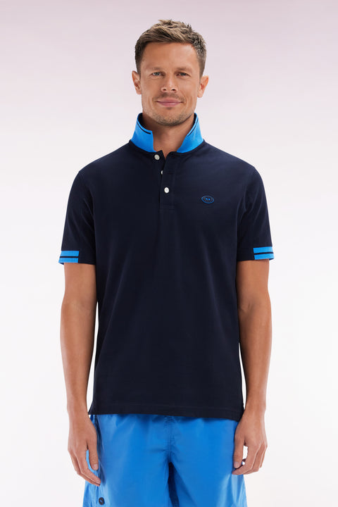 Relaxed-fit short-sleeved polo shirt in navy cotton with colorful accents - Image 1