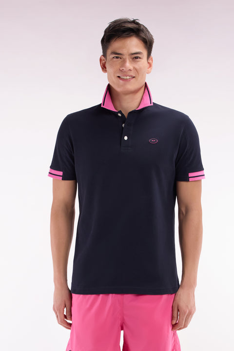 Relaxed-fit short-sleeved polo shirt in pink cotton with colorful accents - Image 1