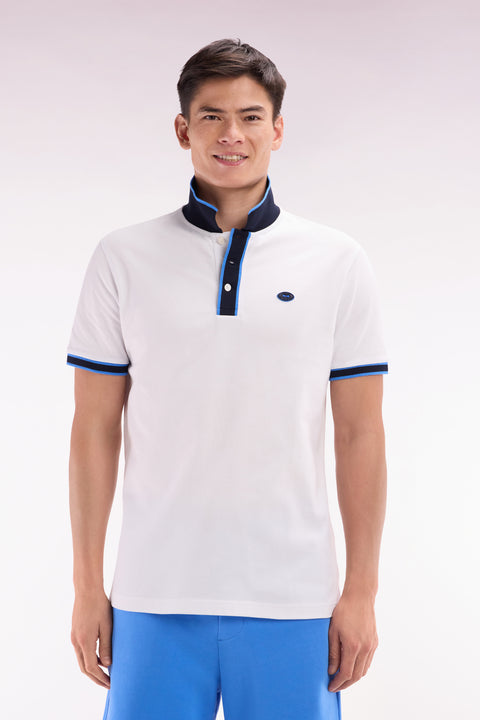 Relaxed-fit short-sleeved polo shirt in blue cotton with colorful stripes - Image 1