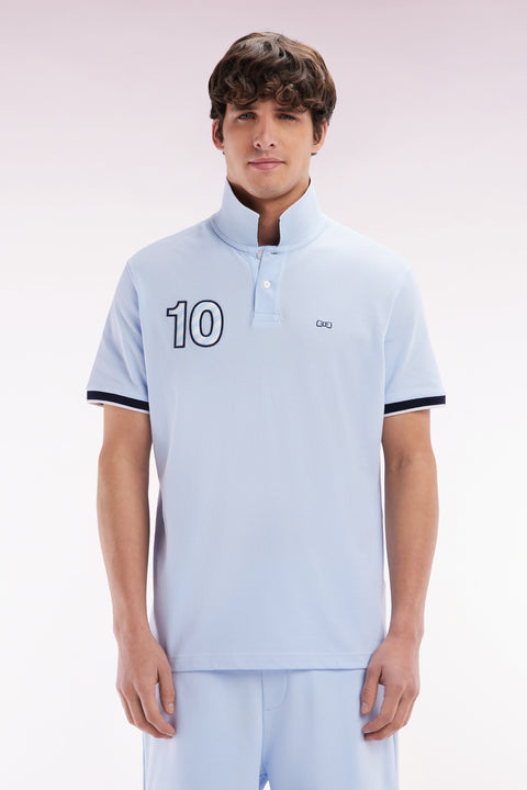 Relaxed-fit short-sleeved polo shirt in sky blue cotton with 10 embroidery - Image 1