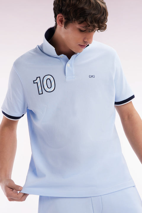 Relaxed-fit short-sleeved polo shirt in sky blue cotton with 10 embroidery - Image 3