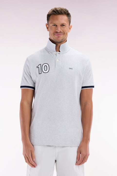 Relaxed-fit short-sleeved polo shirt in grey cotton with 10 embroidery - Image 1