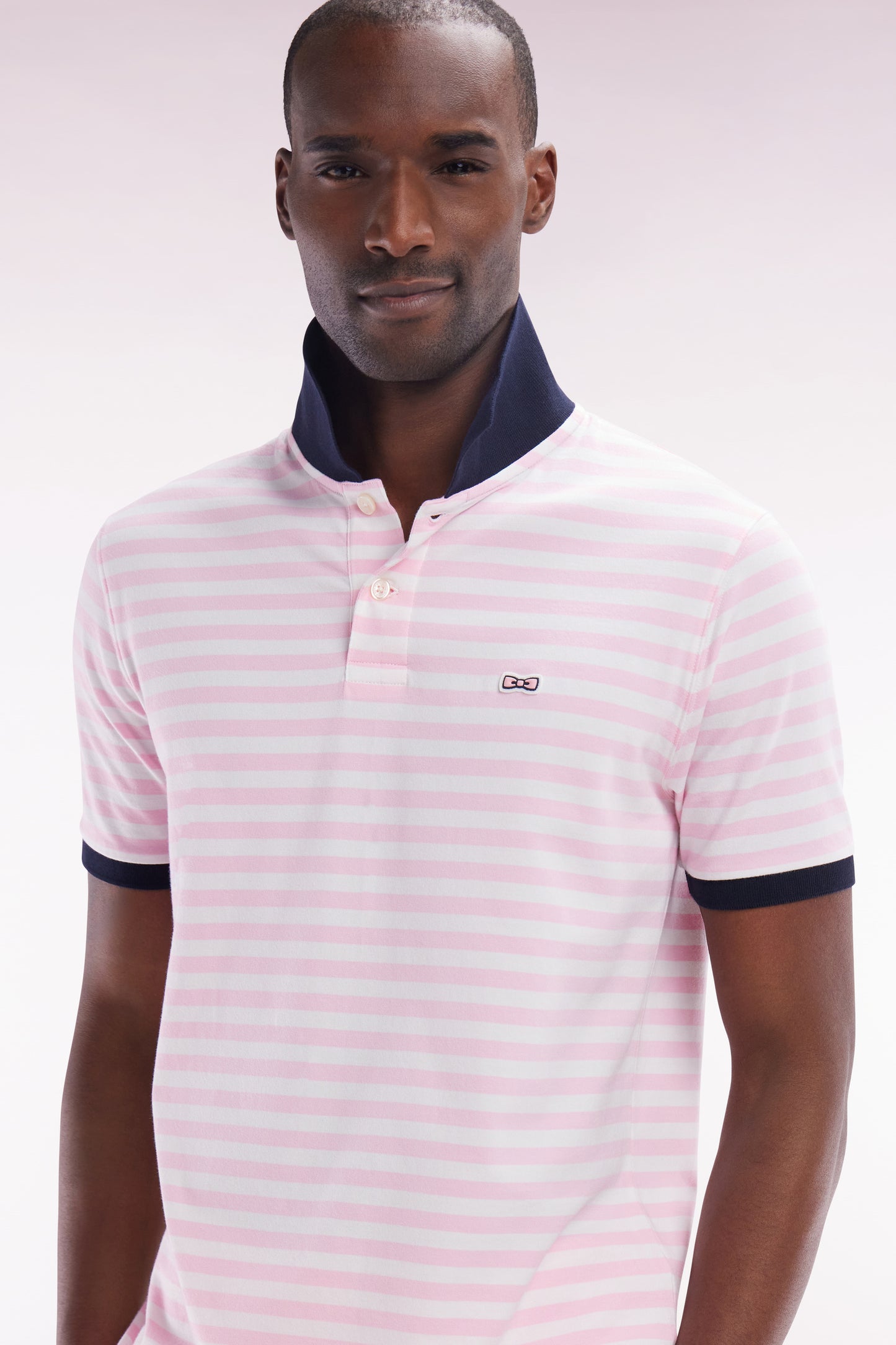 Slim-fit short-sleeved sailor polo shirt in pink striped stretch cotton