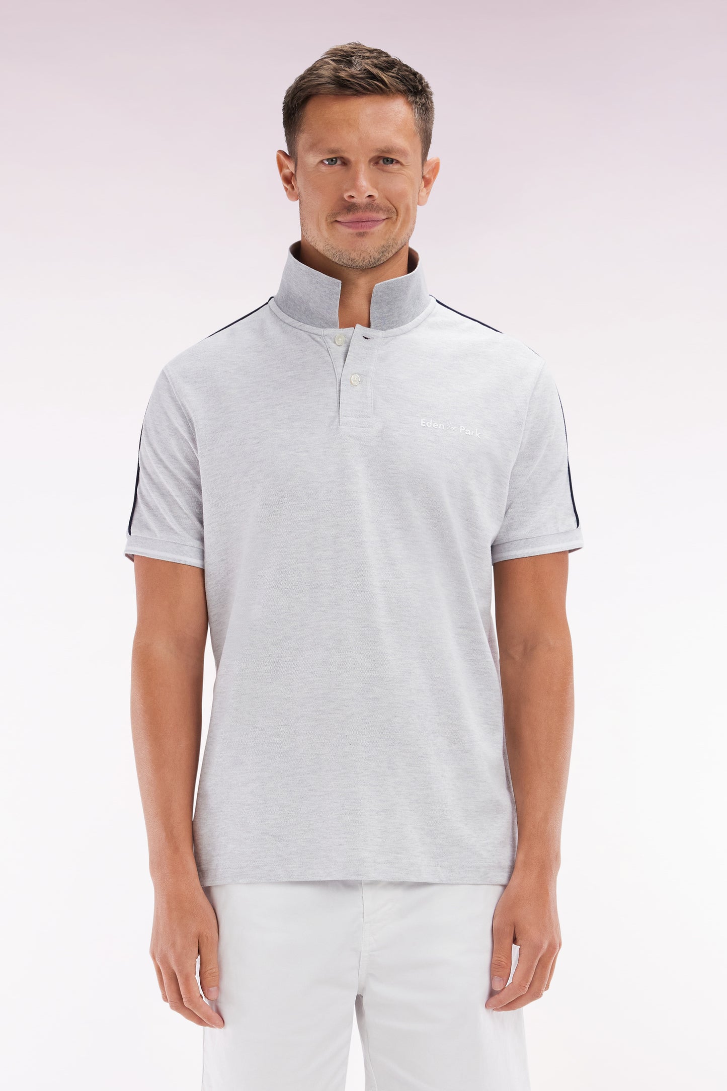 Relaxed-fit plain short-sleeved polo shirt in grey cotton with Eden Park lettering