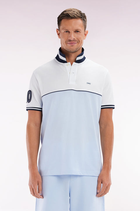 Relaxed-fit two-tone short-sleeved polo shirt in sky blue and white cotton - Image 1