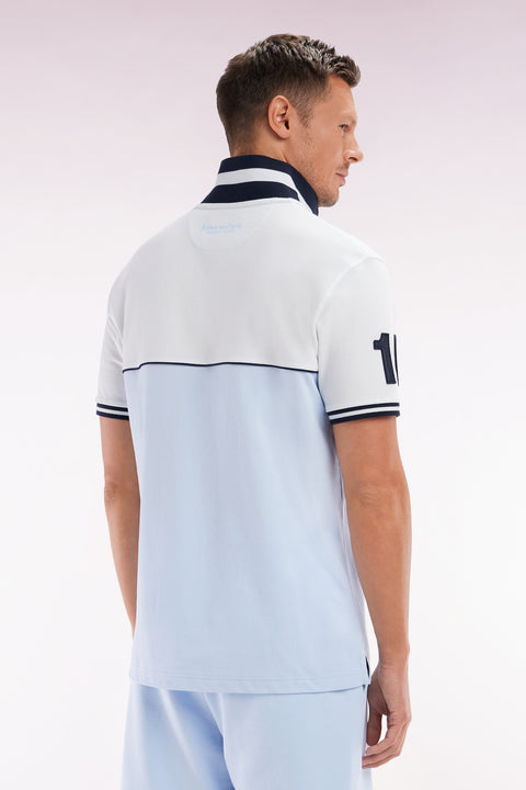 Relaxed-fit two-tone short-sleeved polo shirt in sky blue and white cotton - Image 3