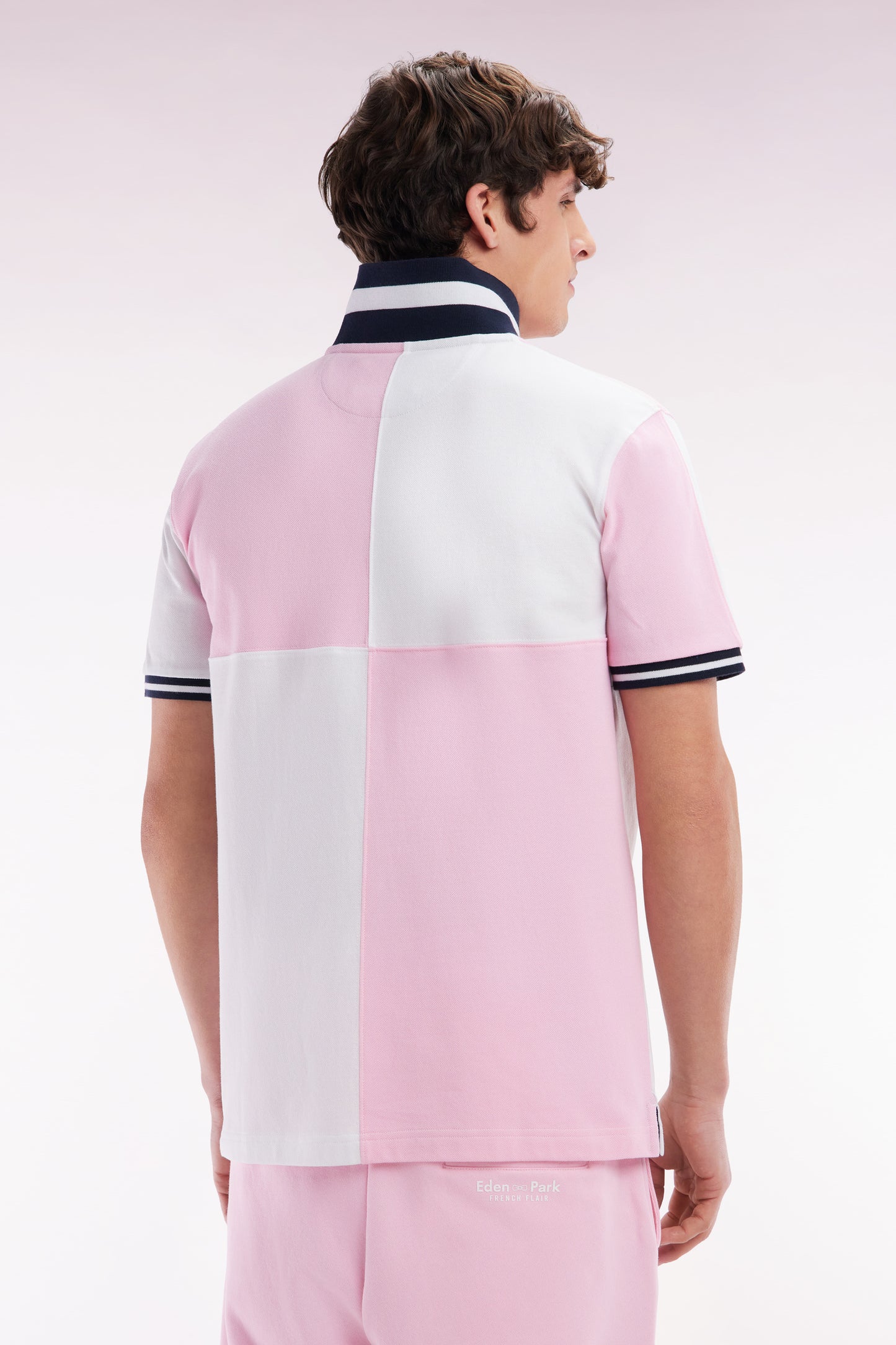Relaxed-fit cut and sew short-sleeved polo shirt in pink cotton