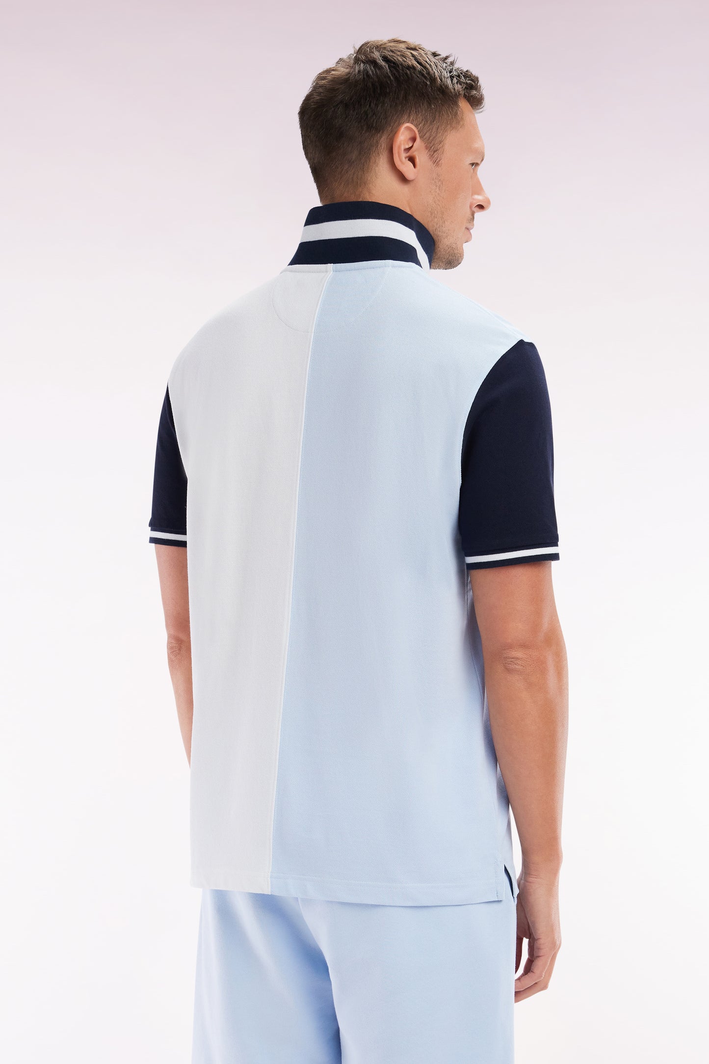 Relaxed-fit two-tone sky blue and white short-sleeved cotton polo shirt