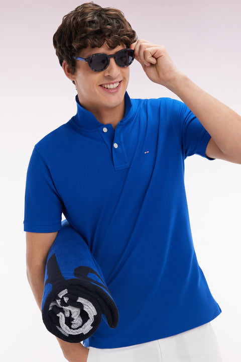 Polo à manches courtes uni en coton Pima bleu foncé coupe droite - Image 3